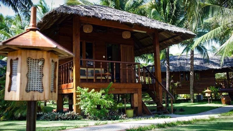 Sân trước nhà mái lá Tiền Giang đầy hoa cỏ tự nhiên
